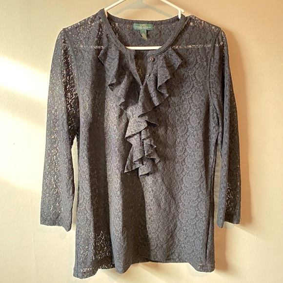 Lauren Ralph Lauren Tops - Ralph Lauren Black Lace Sheer Top Sz L